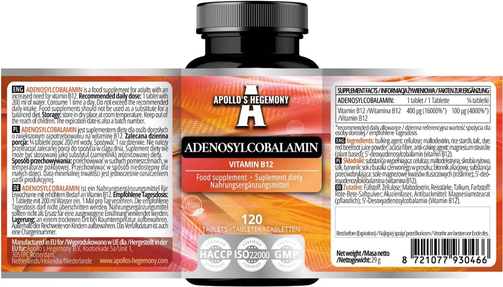 APOLLO'S HEGEMONY Adenosylcobalamine 120 tabletten - Optimale Biobeschikbaarheid Vitamine B12 voor verbeterd energiemetabolisme - 480 porties - Voedingssupplement