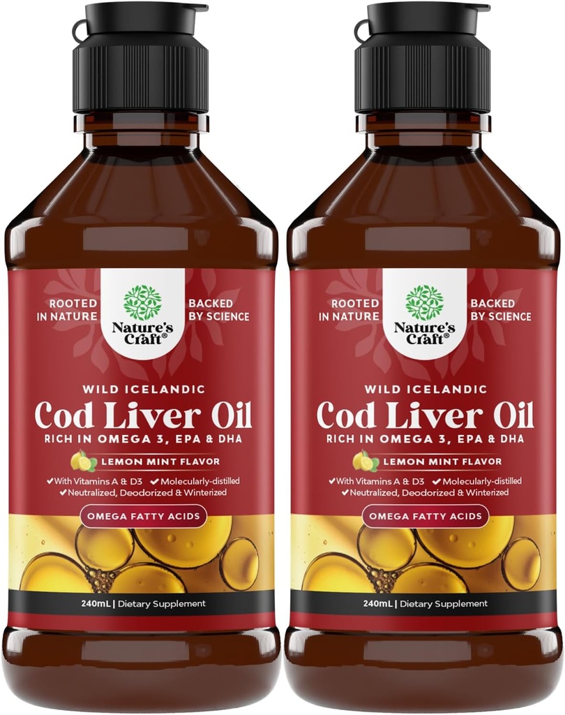 IJslands Wild Caught Cod Leverolie Liquid - Visoliedruppels met Omega 3, EPA, DHA, Vitamine D & A - Liquid Cod Lever Supplement voor hart, gewrichts, hersenen en Immune Ondersteuning - 240 ml (8 Ounce) 2 Pack