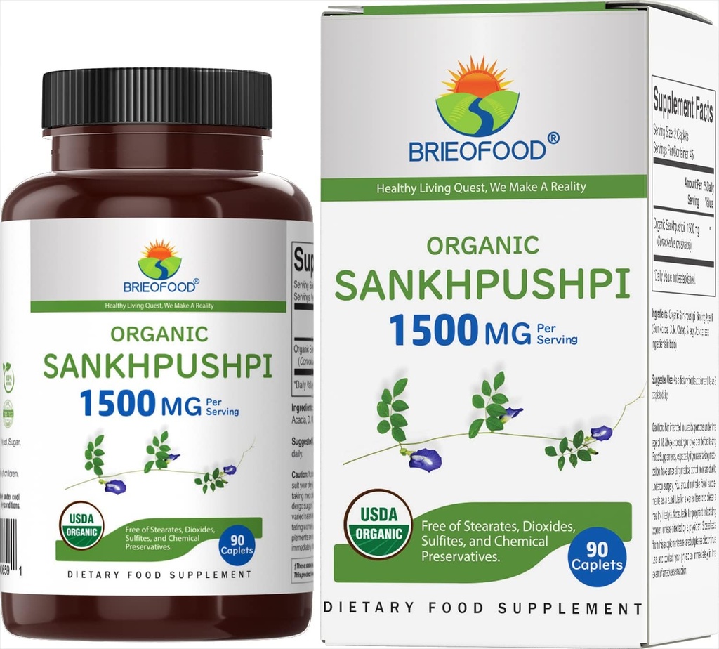 Brieofood Biologische Sankhpushpi 1500mg, 45 porties, vegetarisch, glutenvrij, 90 vegetarisch tabletten