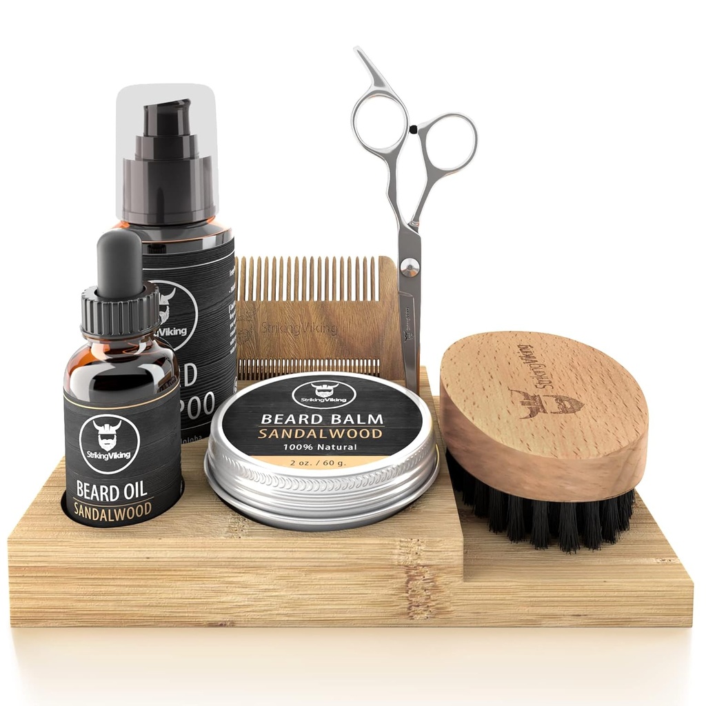 Opvallende Viking Baard Groei Kit - 7-Piece Set, Sandalwood Scent & Caddy - Olie & Balsem met Baardborstel, Dubbelzijdige Comb & Schaar plus Mustache Comb voor Grooming & Styling