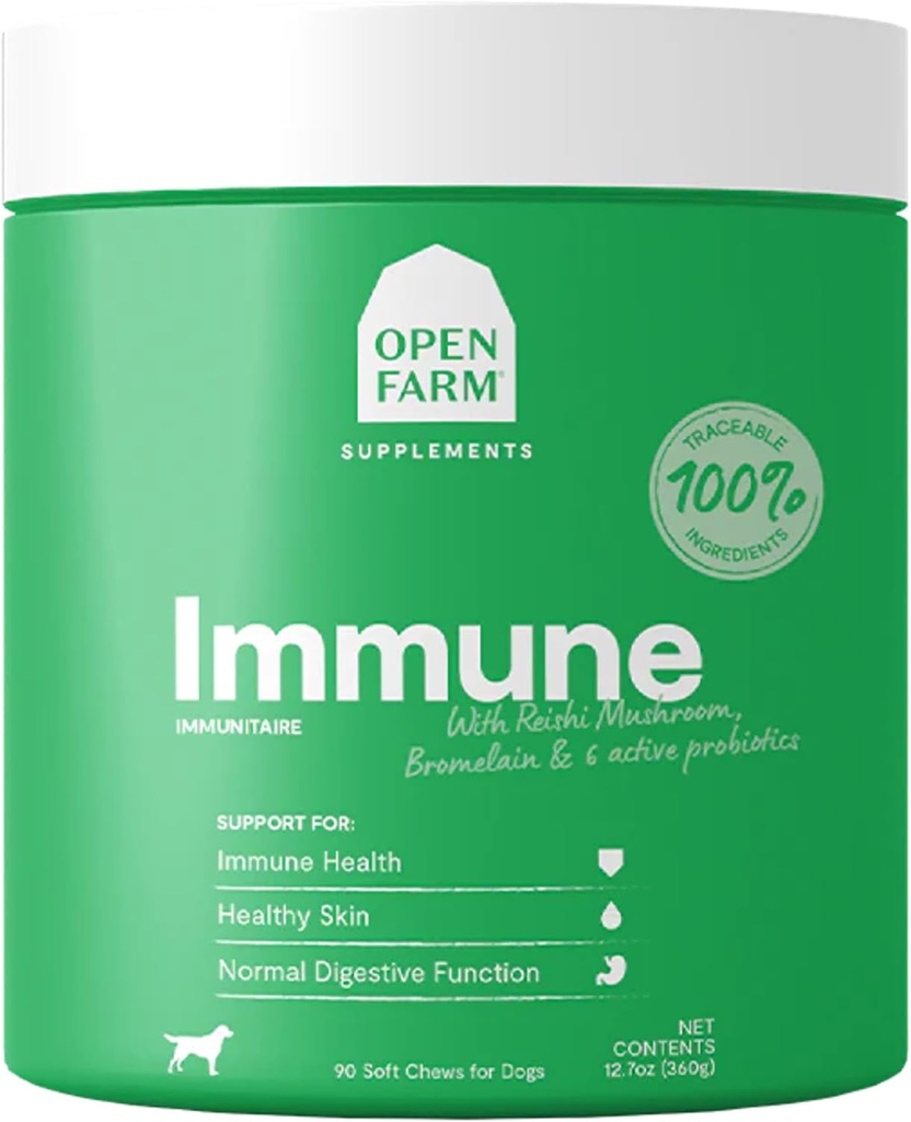 Open Farm Immune Kauwen, Hondensupplement met plantaardige ingrediënten en Probiotica voor Immune en Huidondersteuning, 12,7 oz, 90 Tellen