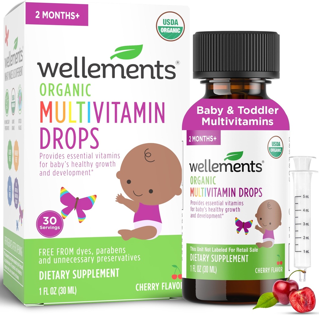 Wellements Organic Baby Multivitamine Drops (1 Fl Oz) - Cherry Flavor Liquid Multivitamines voor zuigelingen en peuters (2 maanden +) - Peutervitaminen voor Immune Ondersteuning*, gezonde groei & botontwikkeling