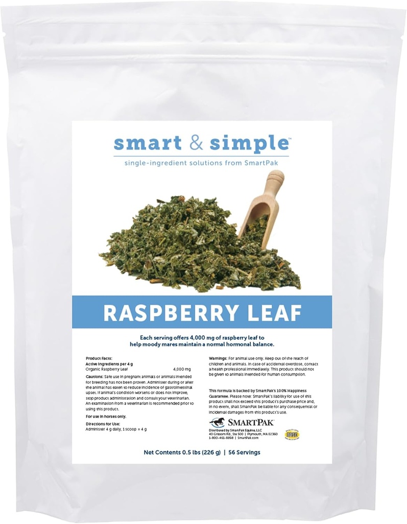 Feuille de framboise intelligente et simple Supplement de Cheval Moody Mare Supplement de la feuille entière biologique Supplement d'un ingrédient équine Supplement de 56 portions 0,5 lb Sac