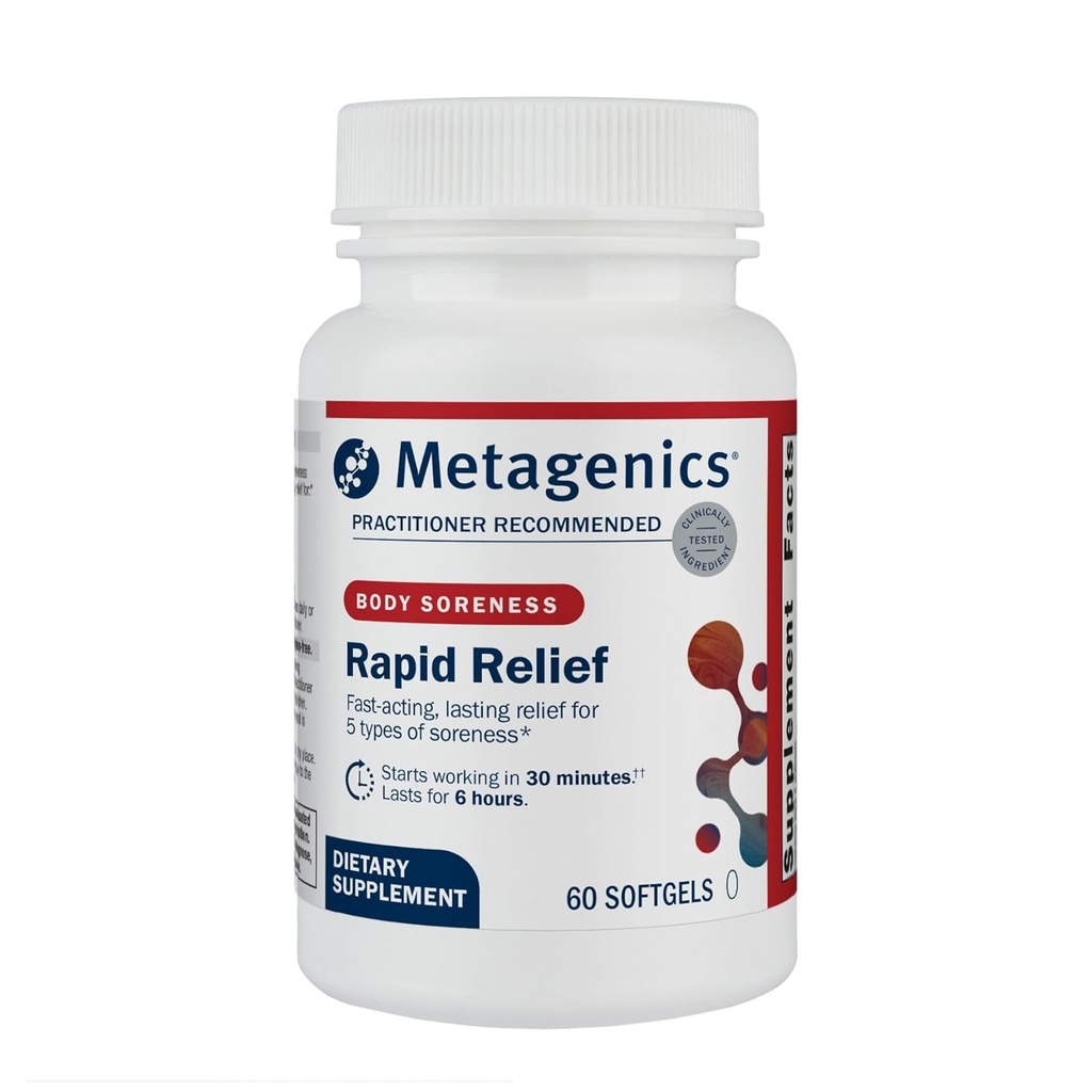 Métagène Relief rapide - softgel à base de plantes avec du curcuma et du boswellia - Soutient un soulagement rapide pour les troubles musculaires, du dos et des articulations* - Sans médicament, sans OGM, sans gluten - Installation certifiée GMP - 60 softgels