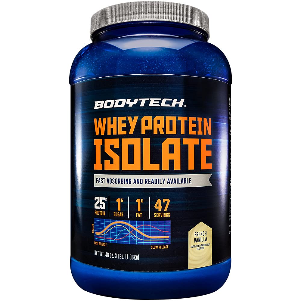 BODYTECH Wei Protein Isolaatpoeder - met 25 gram eiwit per portie & BCAA's - Ideaal voor post-workout spieropbouw & groei, Bevat melk & soja - vanille (3 pond)