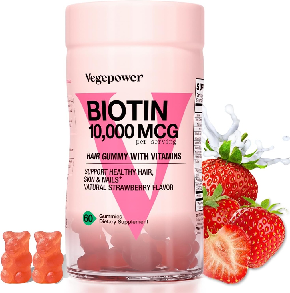 Gommies de croissance capillaire avec biotine 10 000mcg - Vitamines capillaires véganes Gommy pour les cheveux, la peau et les ongles sains Yor, ajouté B-Complexe, vitamine D, vitamine A et zinc - Supplément capillaire pour les femmes hommes (60, Fraise)