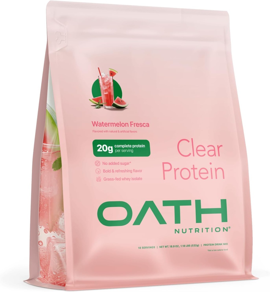 Oath Nutrition Poudre de protéines de lactosérum, pastèque Fresca, 20g Protéines complètes par portion, pas de sucre ajouté, gazon, 18 portions