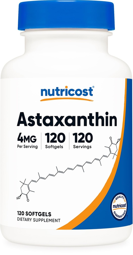 Nutricost Astaxanthine 4 mg, Glutenvrij en niet-GMO, 120 Softgels (4 maanden levering)