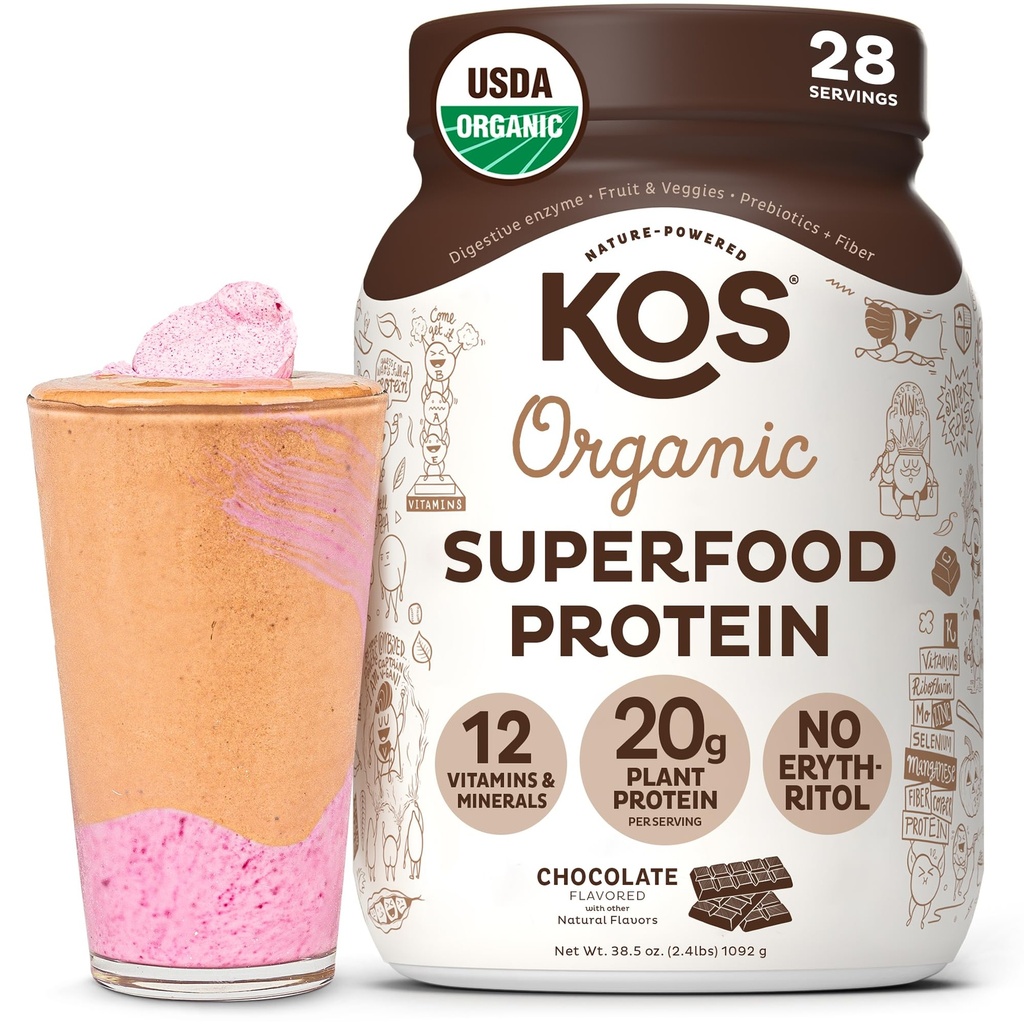 KOS Vegan Protein Powder Erytritol Free, Chocolate - Organic Pea Protein Blend, Plant Based Superfood Rijk aan vitamines en mineralen - Keto, Dairy Free - Maaltijdenvervanging voor vrouwen en mannen, 28 Servers