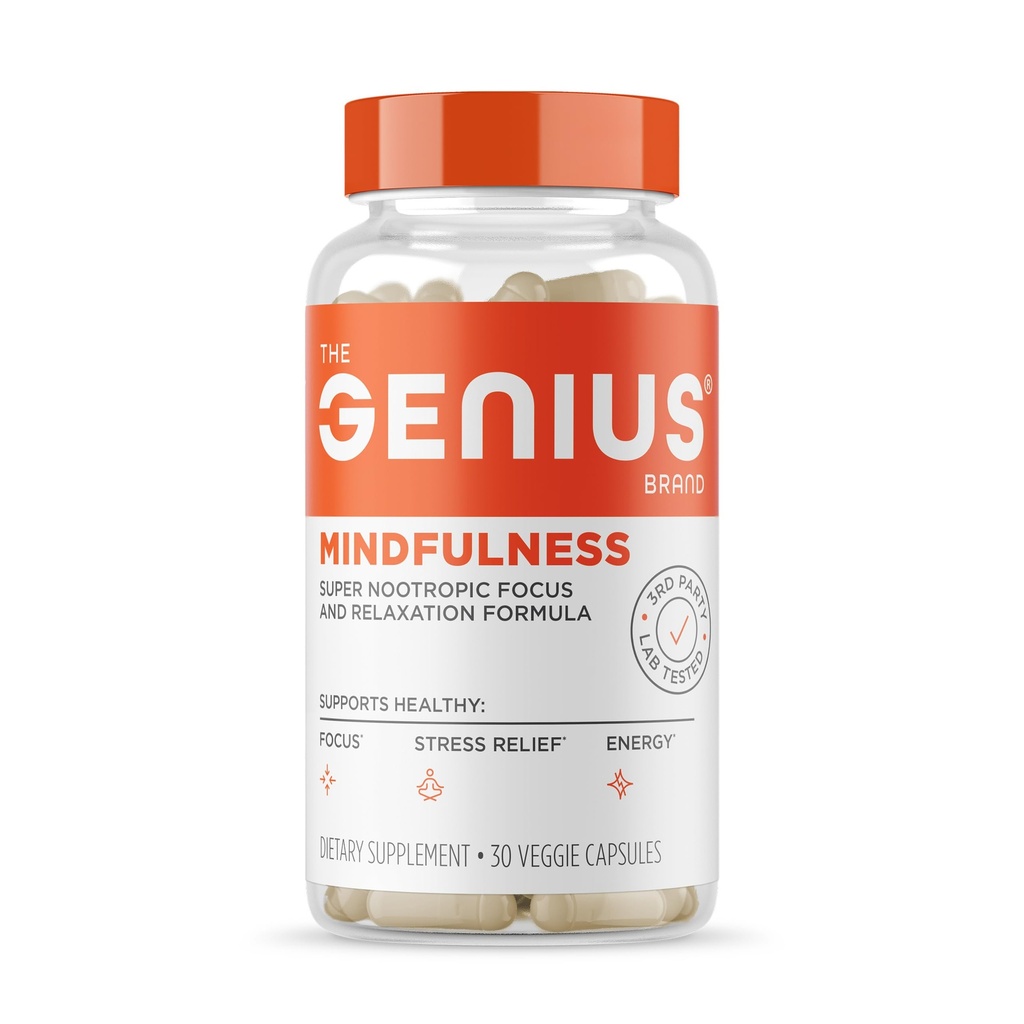 Genius Brand Genius Mindfulness - Supplément Santé du cerveau - soutient les esprits sains - Calme, énergie, mémoire et Focus Support - Ashwagandha, NeuroFactor et plus - 30 pilules Veggie