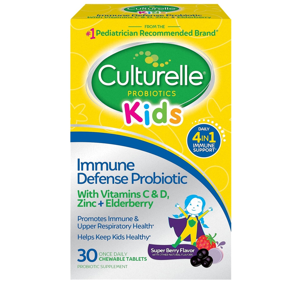 Culturelle Immune Defense Probiotique avec vitamine C, vitamine D et zinc + sureau, non-OGM, 4-en-1 Immune Support pour les enfants de 3 ans et plus*, mélange de baies à croquer, 30 comtes