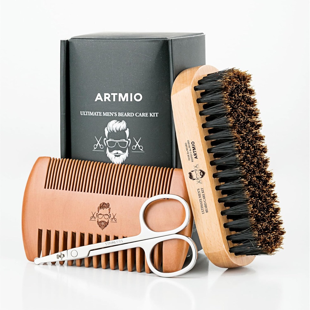 Baardborstel, Comb en schaar Set voor mannen baardverzorging - Borstelhaarborstel & Houten Comb & Roestvrij schaar - Baard Styling, Grooming & Shaping Tools