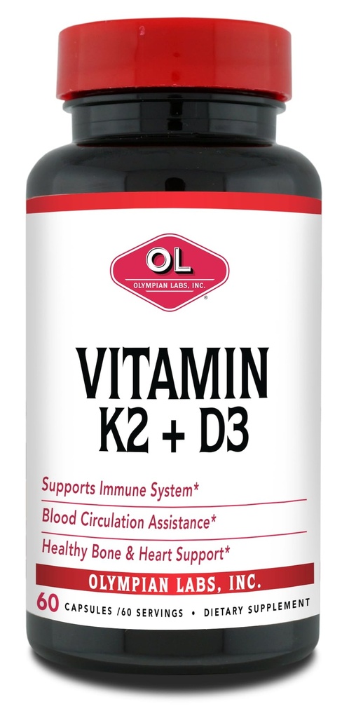 Olympian Labs Vitamine K2 + D3, 60 porties, Ondersteunt Immune System, Bot en Hart Ondersteuning, 60 Vegan Capsules