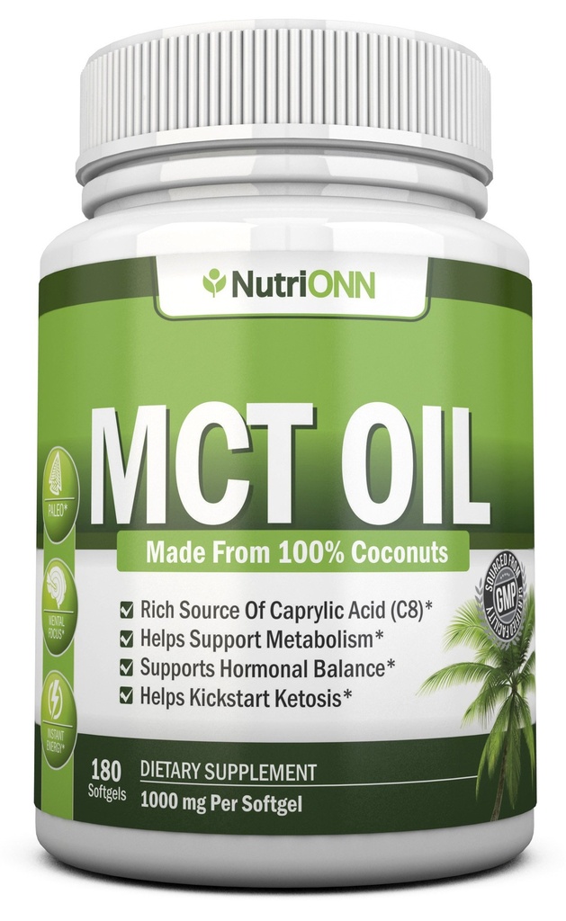 MCT olie - 3000mg per portie - 180 Softgels - Gemaakt van 100% biologische kokosnoten - Niet GGO, Koud geperst, Paleo Vriendelijke Capsules - Geweldig voor Focus & Gut Health