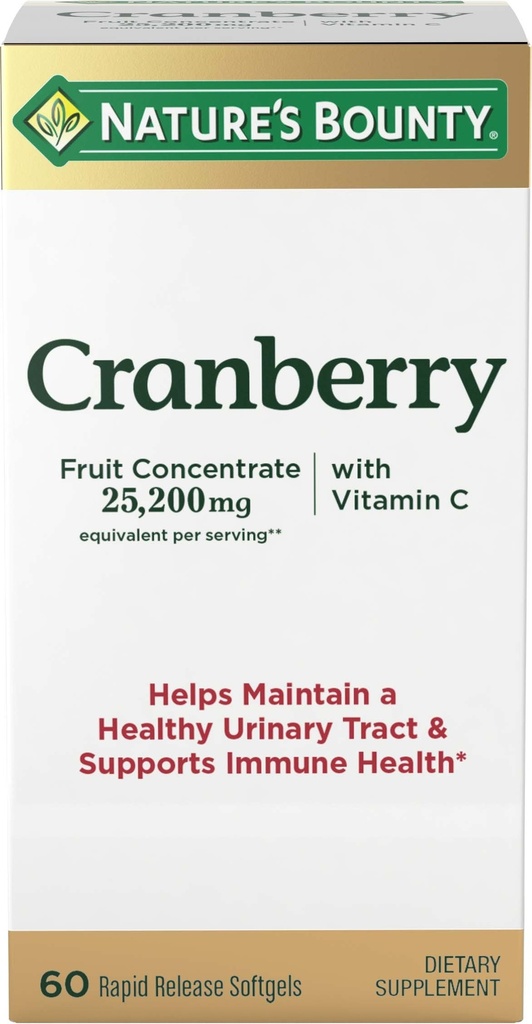 Nature's Bounty Cranberry Dieetsupplement, Ondersteunt Urinaire Tract en Immune Health, Softgels, 25,200 Mg, 60 Ct