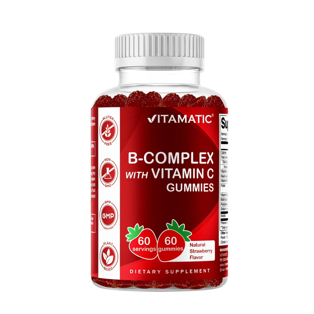 Vitamatic Vitamine B Complex Gummies met vitamine C & Inositol - natuurlijke aardbeiensmaak - 60 Gummies (1 fles)
