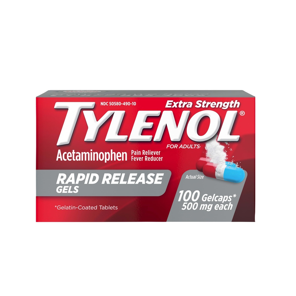 Tylenol Extra sterkte Acetaminophen Rapid Release Gels, Pain Reliever & Fever Reducer, Gelcaps met Laser-Brilled Holes voor snelle afgifte, Zacht op Maag, 500 mg Per Gelcap, 100 Tel OTC Medicine
