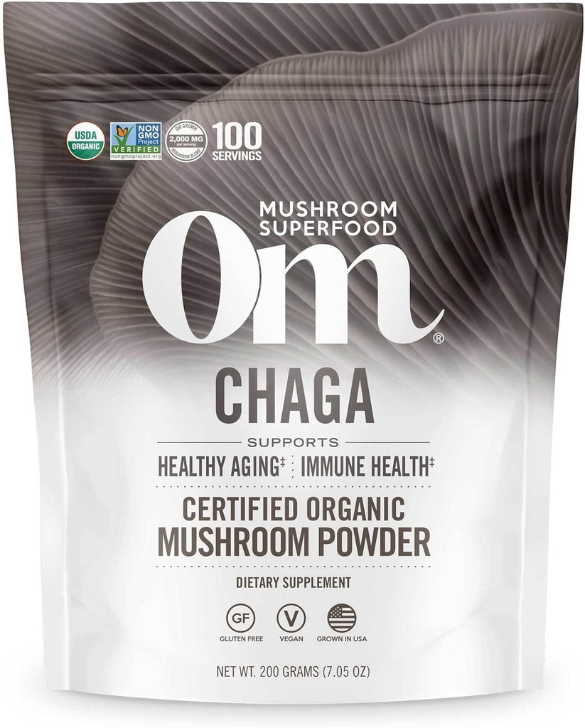 OM MUSHROOM SUPERFOOD Chaga Biologische Paddestoelpoeder, 7.05 Ounce Pouch, 100 Servings, US Gegroeide, Heilige Antioxidanten & Immune Support, Superfood Mushroom Supplement