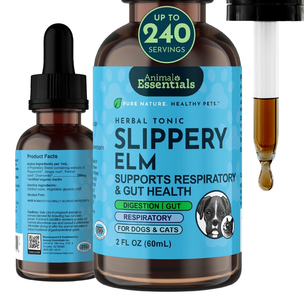 Dieren Essentials Gladde Elm - Kruidenextract voor honden en katten, bevordert gezonde spijsvertering, Bowel functie, Certified Organic Herbs, Alle Natuurlijke, Respiratory Health, Liquid Formula - 2 Fl Oz
