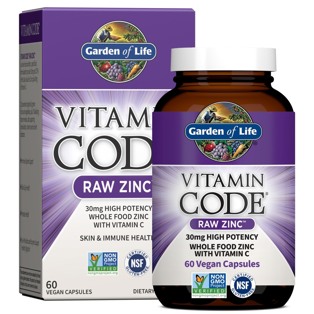 Jardin de la vie Suppléments de zinc 30mg Zinc brut haute puissance et supplément multiminéral de vitamine C, code vitamine Vitamines Trace Minéraux et probiotiques pour la santé de la peau et le soutien immunitaire, 60 Capsules Vegan