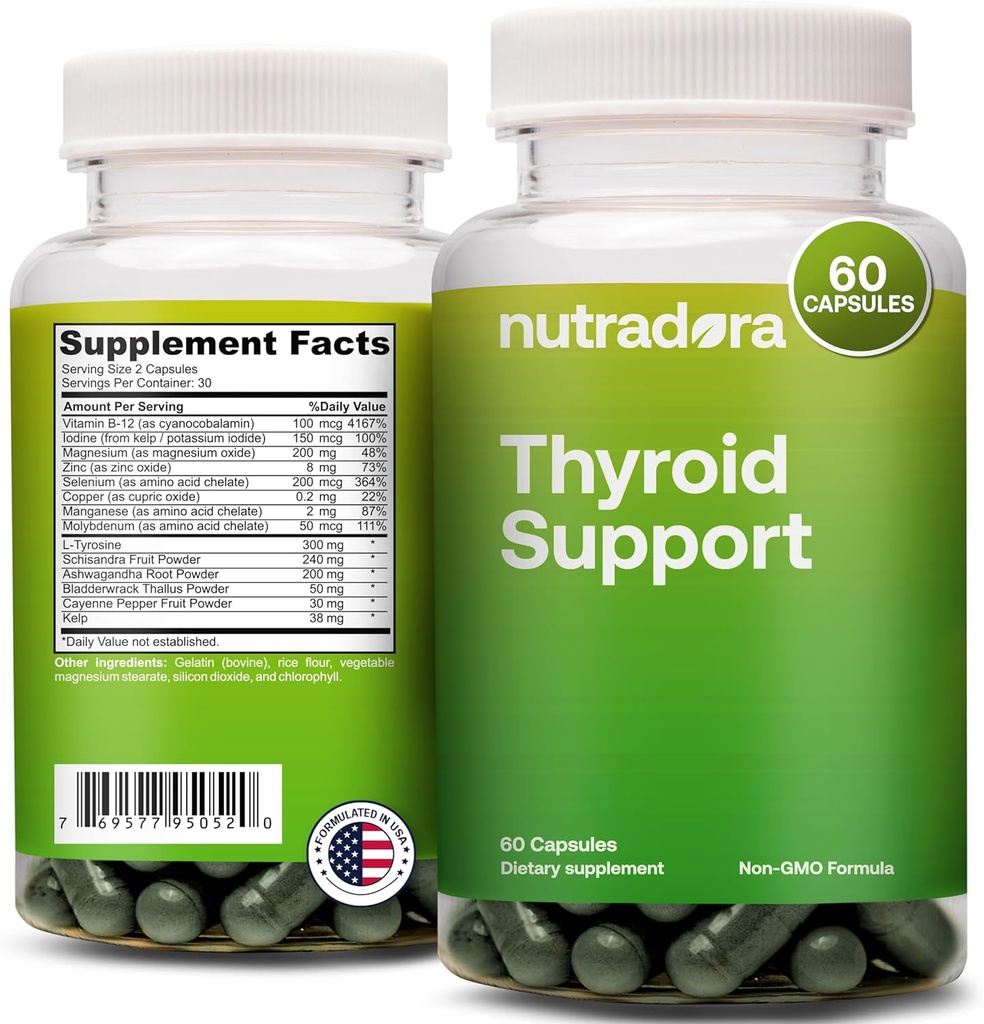 Schildklier ondersteuning voor vrouwen en mannen - Schildklier Supplement met Jodium, Vitamine B12, Ashwagandha, Selenium en Zink Supplementen, GMP gecertificeerd, Geformuleerd in de VS, 60 Capsules (pakket van 1)