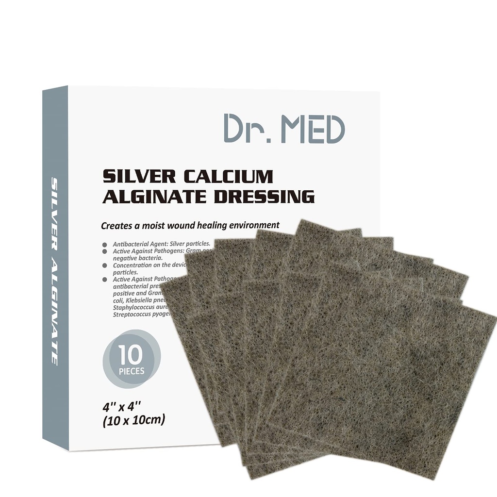 Dr. Med Silver Calcium Alginate Wound Dressing 4'x4' Patches, 10 Individuele Pack Hoge absorptie Ag Alginate Wound Bandage, Niet-Adhesive, Pijnloze Removal Gauze voor Bedsore, Ulcers, Huid Abrasions
