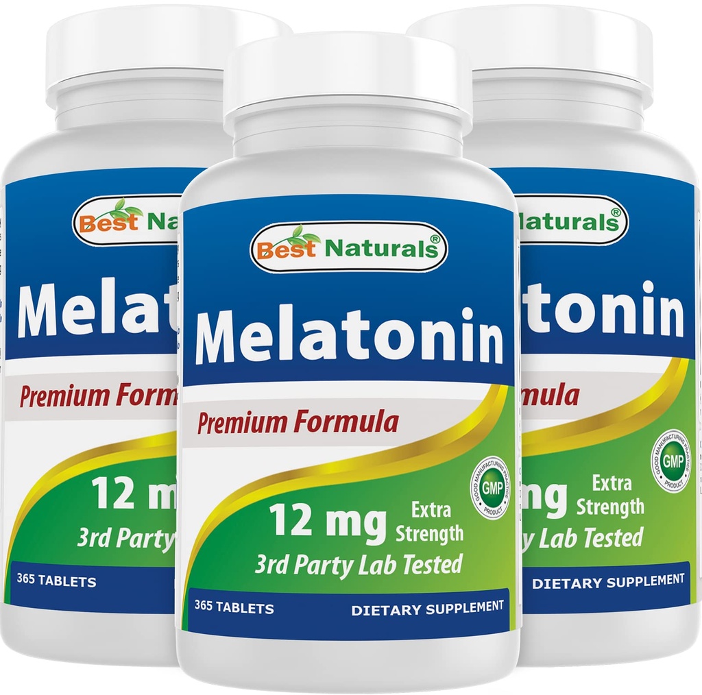 Best Naturals Melatonine 12 mg (1 jaar aanbod) - Drug-vrije nacht slaaphulp - Melatonine voor slaap en ontspanning, 365 Tel (365 Tellen (pakket van 3))