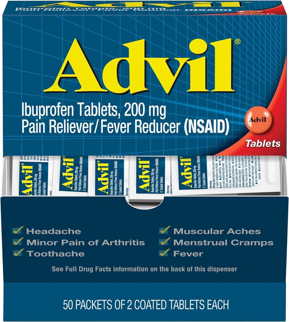 Advil Ibuprofen tabletten, 200 mg pijnstiller/koortsreducer (NSAID), 100 tabletten (50 verpakkingen van 2 tabletten)
