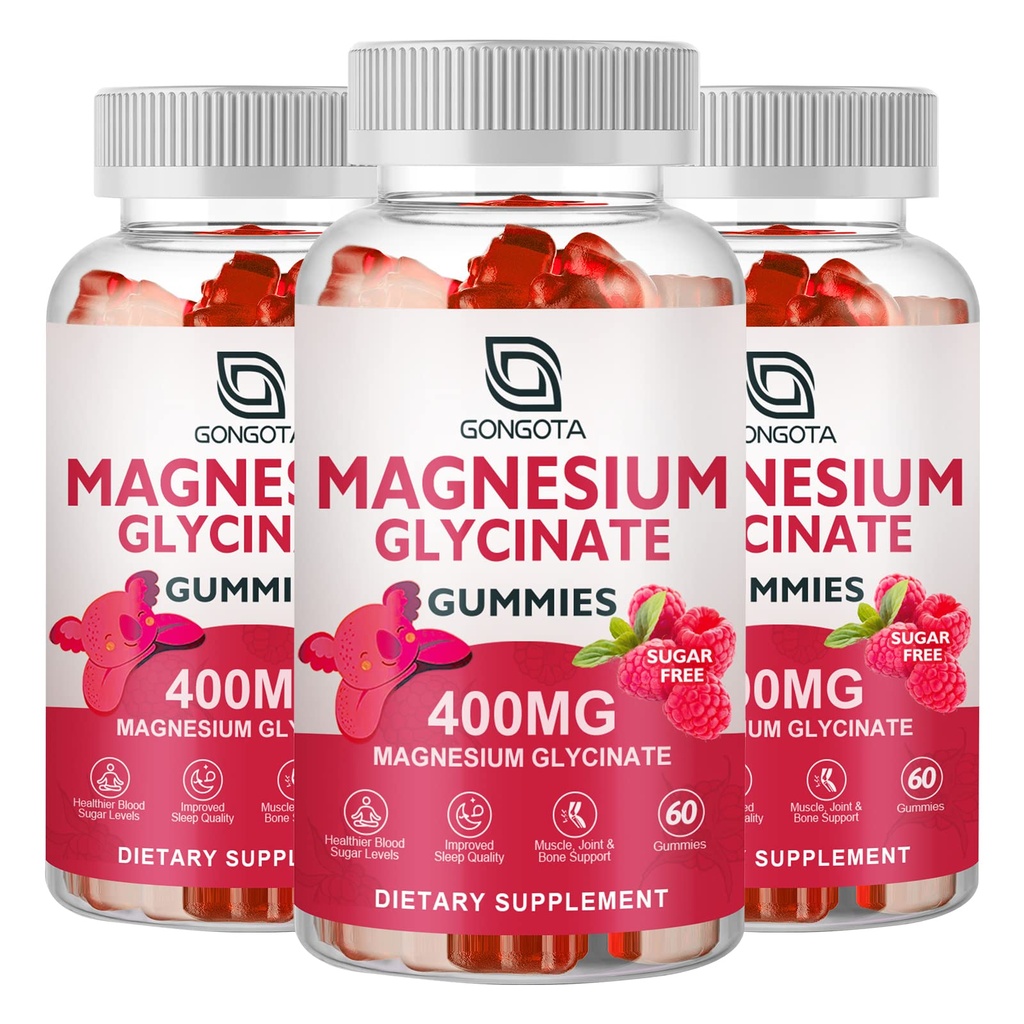 Glycinat de magnésium 400 mg avec 100 mg de magnésium composite - supplément de potassium de magnésium chélaté avec vitamine D, B6 soutient calme, sommeil, mémoire et crampes musculaires, sans sucre - 180 gommies