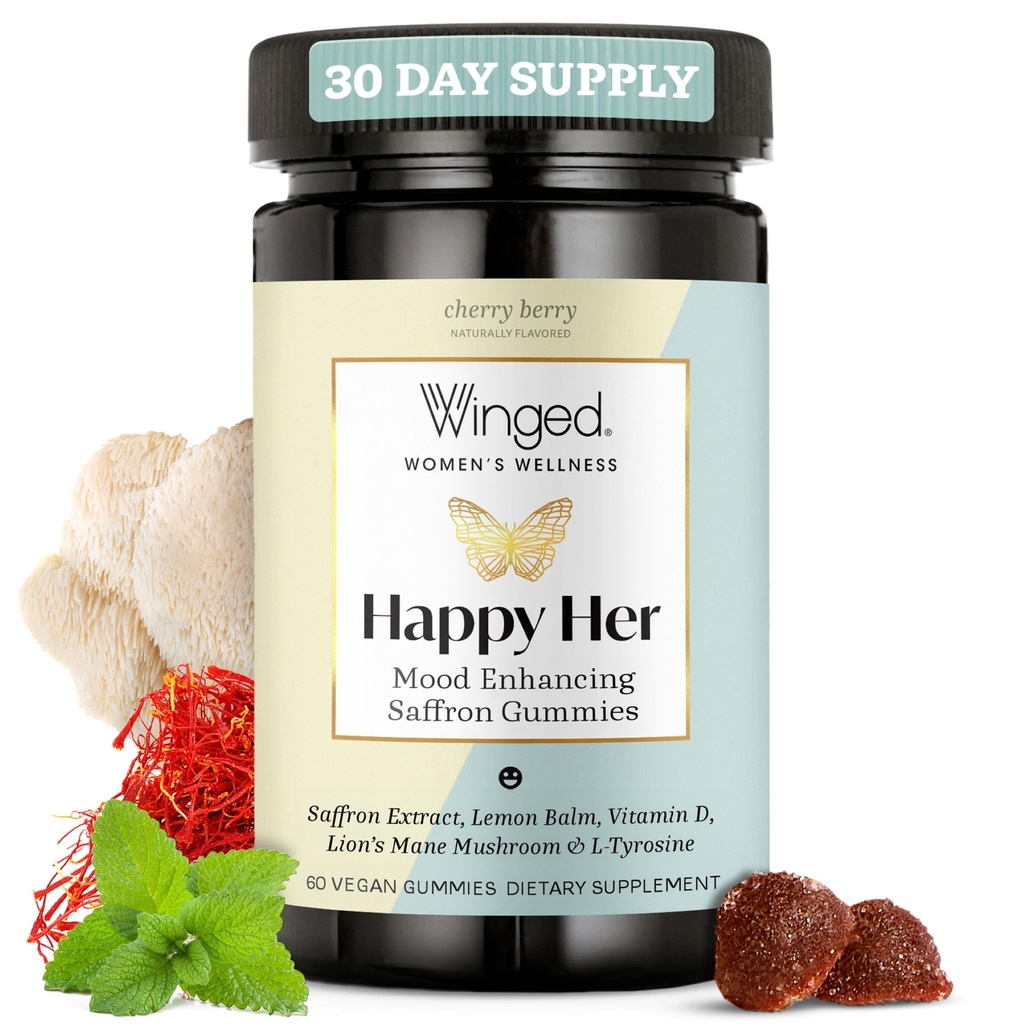 Winged Wellness Happy Her Mood Gummies - Supplément de soutien quotidien pour les femmes - Safran, Baume de citron, Vitamine D & Lions Mane Champignons pour l'équilibre et le repos - 50 Gummes végétaliens