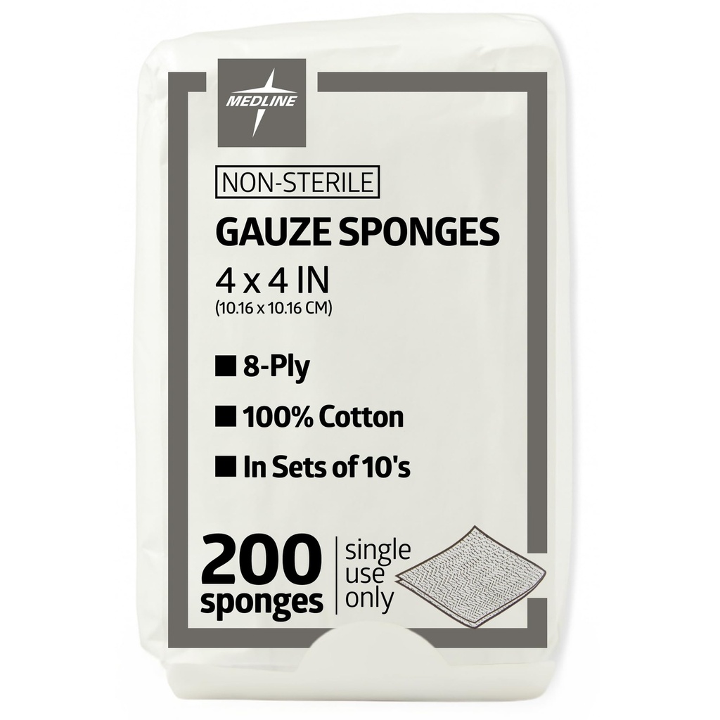 Medline 4 x 4 Inch Gauze Sponges, Niet Steriel 8-Ply geweven Gaas, 100% Katoen, Ideaal voor Wond Dressing, Wondverzorging, Algemeen Eerste Hulp Gebruik, Pack van 200