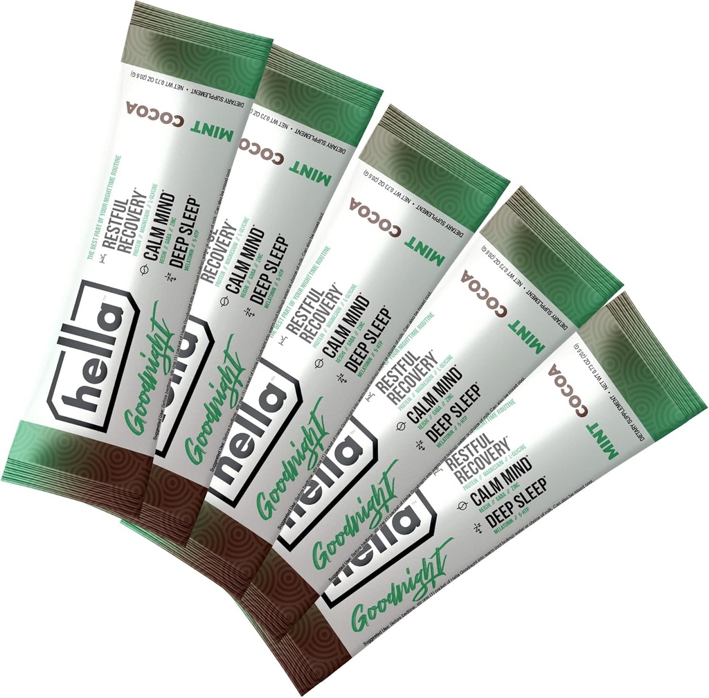 Hella Goodnight- Rustige Herstel, Melatonine Slaap Drink Mix met Magnesium, 5-HTP, Reishi, GABA en Zink, Ondersteunt Nachtelijke Ontspanning, Vallende Slaap & Blijf slapen, Munt Cacao