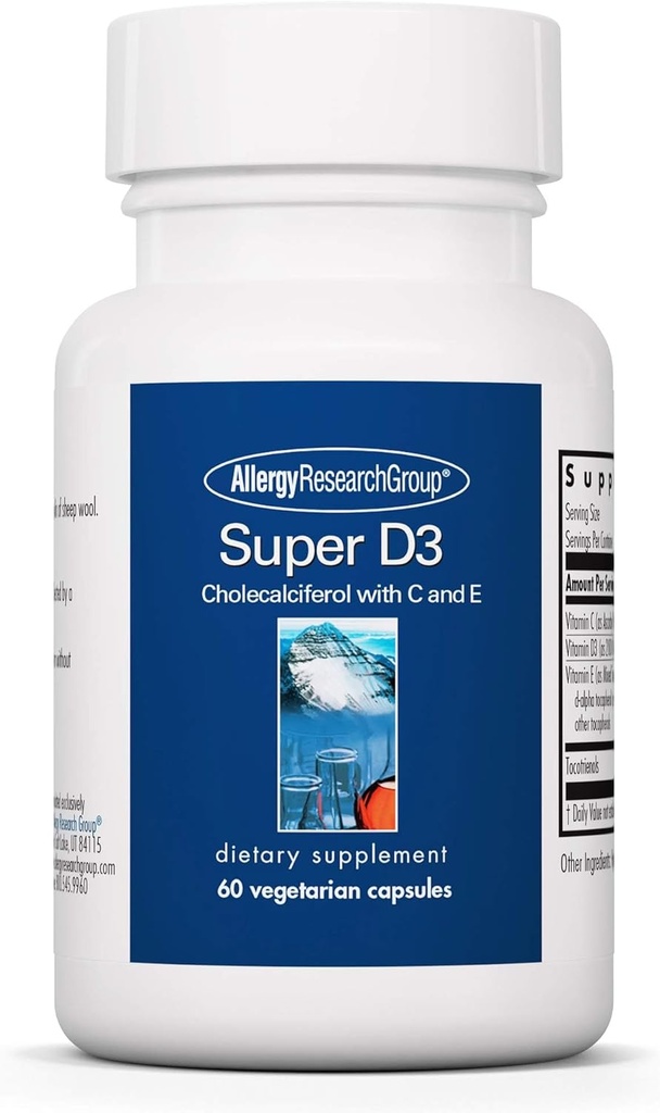 Allergie Onderzoeksgroep Super D3 Dieetsupplement - Bone & Immune Support, Cholecalciferol met C & E, Vegetarische Capsules, Glutenvrij - 60 Tel.