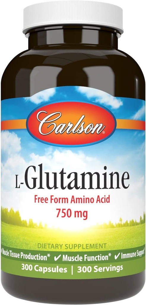 Carlson - L-glutamine, acide amino de forme libre, 750 mg, production de tissus musculaires, 300 capsules