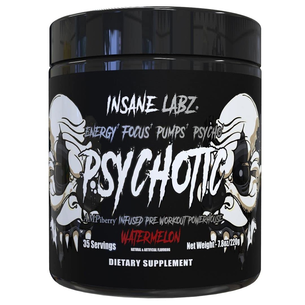 Insane Labz Psychotic Black Edition Mid Stimulant Pre Workout Powder, Energy Focus Pumps, geladen met Creatine Beta Alanine Taurine Gevoed door AMPiberry, 35 Servers (Watermeloen)