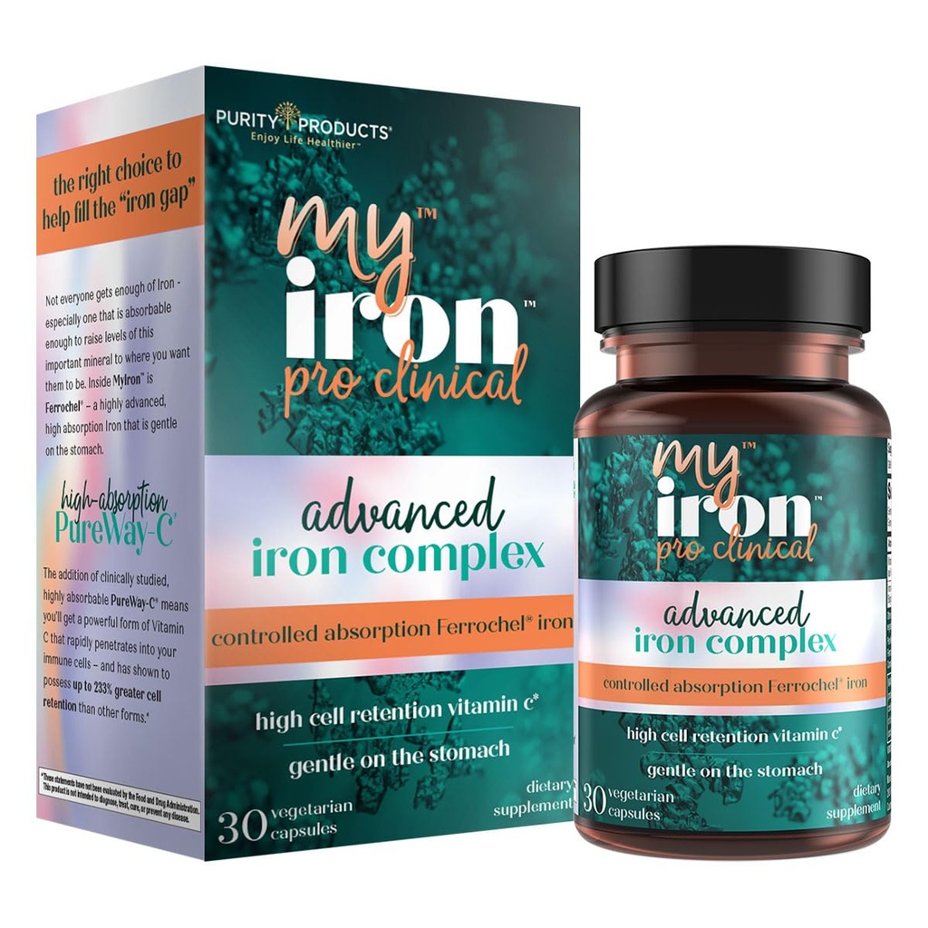 MyIron ProClinical by Purity Products - Fer (Chélelate de bisglycin ferreux) + Vitamine C (PureWay-C) - Doucement sur l'estomac - Absorption contrôlée - Favorise des globules rouges sains - 30 Compte (1)