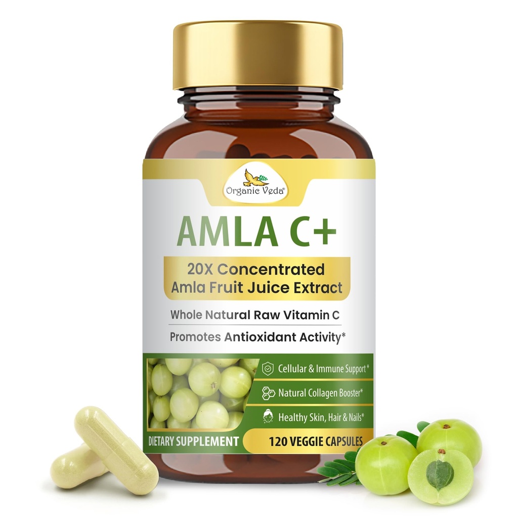 Organic Veda Amla Fruit Capsules, 20 X Concentré Amla Berry Extrait de jus Supplément de vitamine C naturelle - Potent Antioxydants, Immunité, Radiance cutanée - Végétalien Vitamine C Amla Poudre Capsule 120