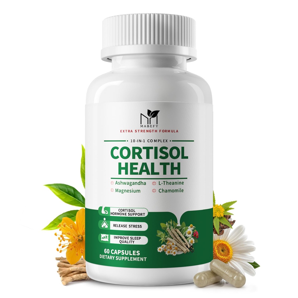 MABEFY Cortisol Supplements for Women/Men - 10 in 1 Cortisol Manager Reducer Lower Detox Balance with Magnesium, Ashwagandha, L-Theanine for Stress, Sleep, Calm, Mood Support - 60 Capsules for 30 Days