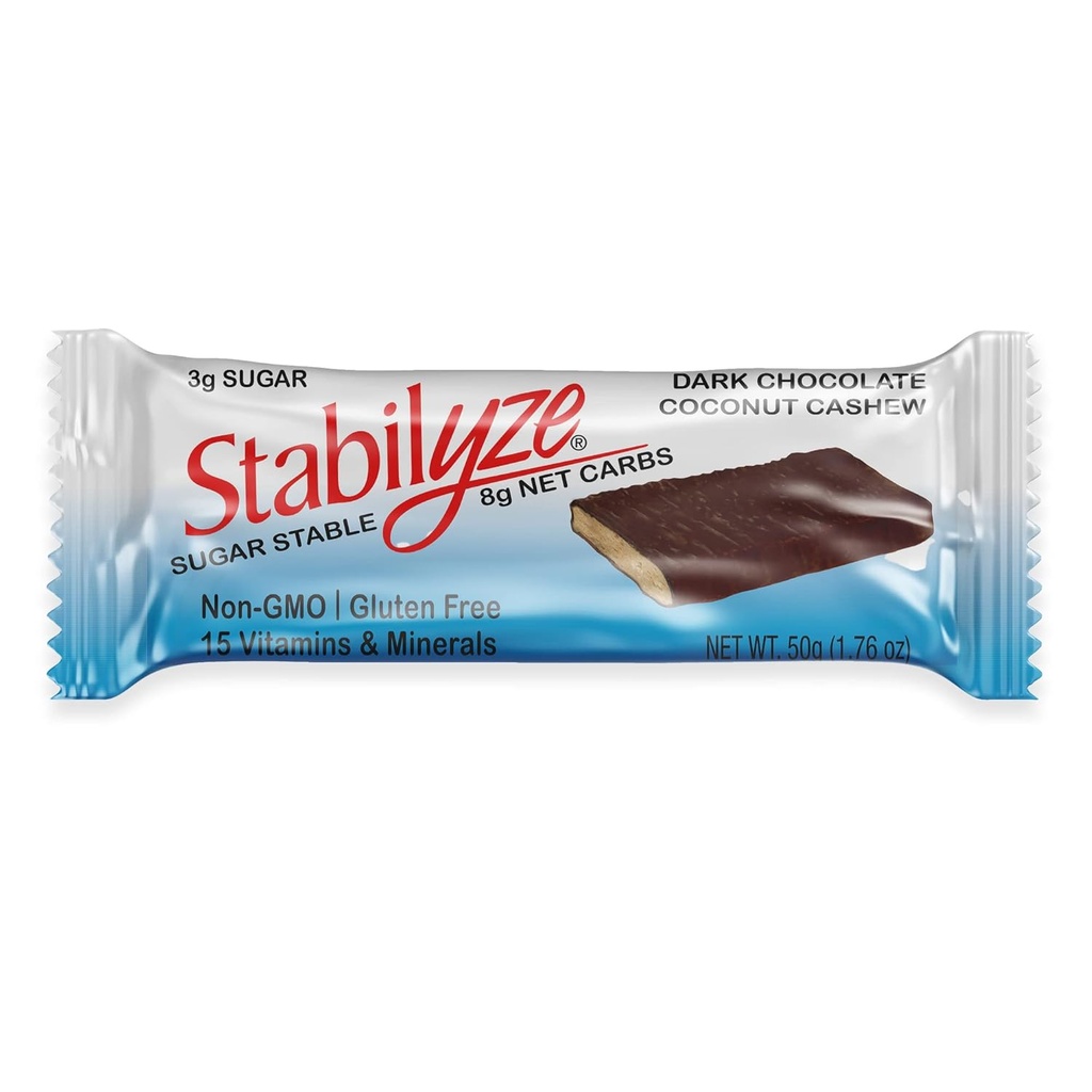 Stabilyze Nutrition Bars, Dark Chocolate Coconut Cashew, Keto Maaltijd vervangingsrepen met 15 essentiële vitamines en mineralen, Glutenvrij, Niet GGO, Low Carb Snacks, individueel verpakt (12 Pack)