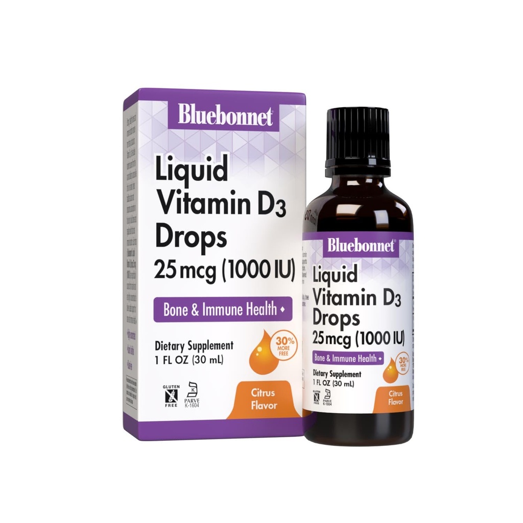 BlueBonnet Vitamine D3 1000 IE 25 mcg Sterke Bones & Immune Support Supplement - Liquid Vitamins for Women & Men - Lanoline VIT D D Drops with MCT Oil - Non-GMO, Vegetarisch - Citrus Flavor - 1 Fl Oz