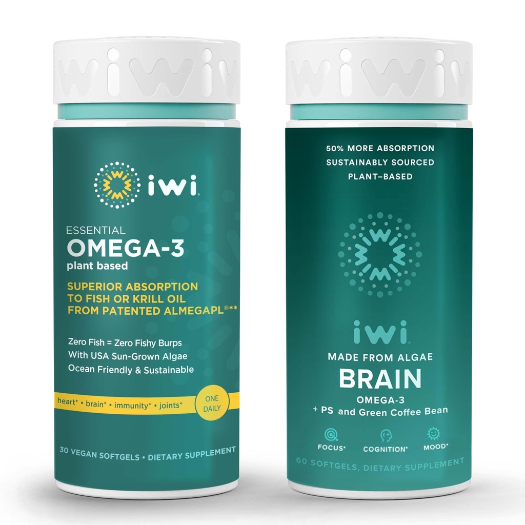 Iwi Omega-3 Essential & Brain Omega-3 Bundle, 30 Servings, Vegan Plant Based Algen Omega 3 met EPA + DHA, Krill & Fish Oil Alternative, No Fishy Aftersmaak