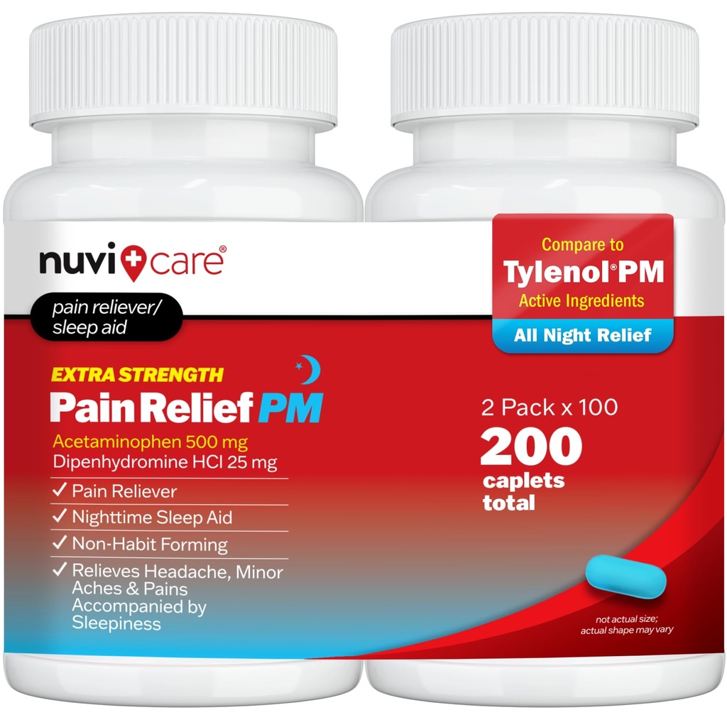 Extra Strength Pain Relief PM - Acétaminophène 500mg & Diphénhydramine 25mg - Comparer avec Tylenol PM Extra Strength Sleep Aid - Adult PM Pain Relief for Nighttime Aches & Pains (100 comprimés)