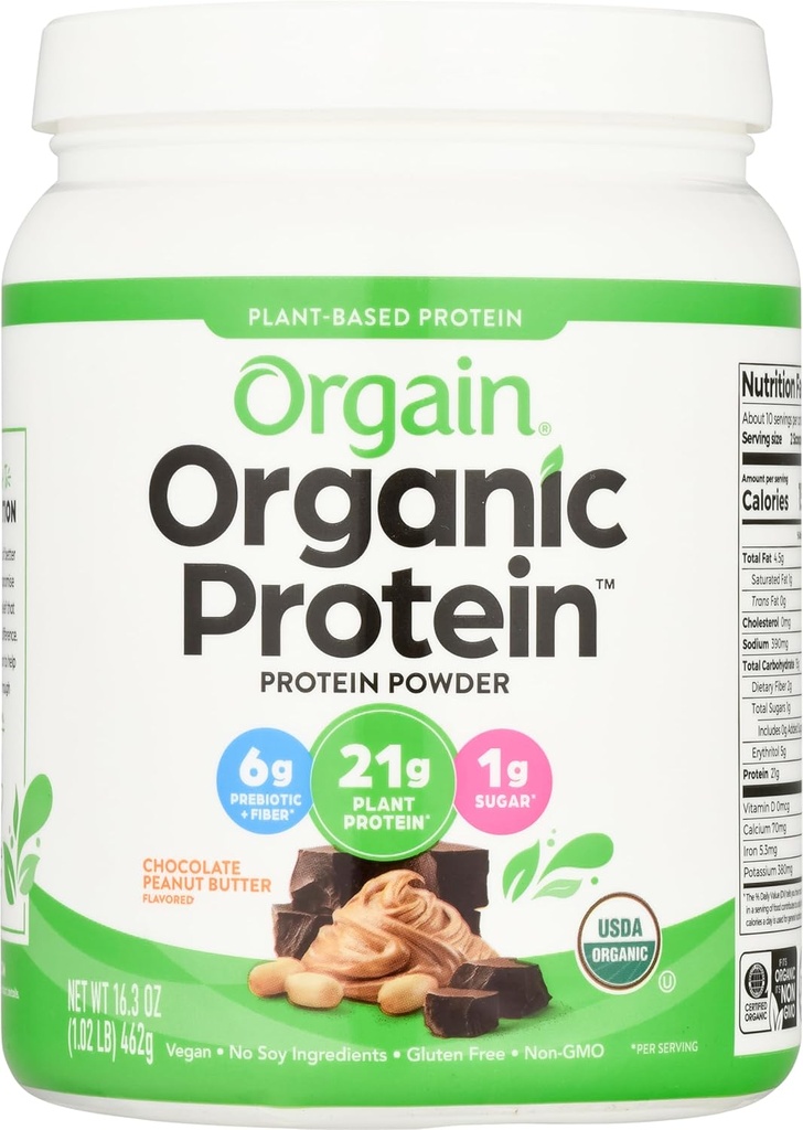 Orgain Organic Vegan Protein Powder, Chocolate Peanut Butter - 21g Plant Based Protein, Low Net Carbs, Non Dairy, Gluten Free, Lactose Free, No Sugar Added, Soy Free, Kosher, 1,02 Pond