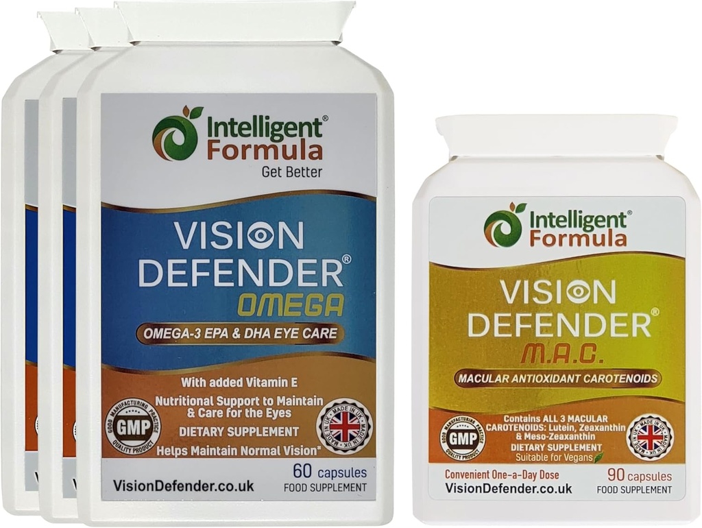 Vision Defender MAC & Omega Everyday General Eye-Health Bundle (90 Days Supply). Oogvitaminen Supplement omvat Carotenoïden Luteïne, Zeaxanthine, Omega-3 (DHA, EPA). Made in UK by Eye Specialists
