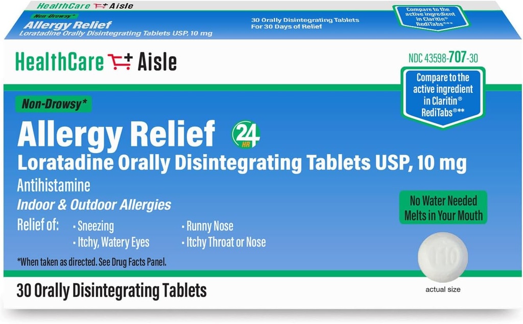 HealthCareAisle Allergie Relief - Loratadine 10 mg Orally Disintegring Tablets USP - 30 Tablets - Original Prescription Strength Allergy Medication, 24-Hour Relief
