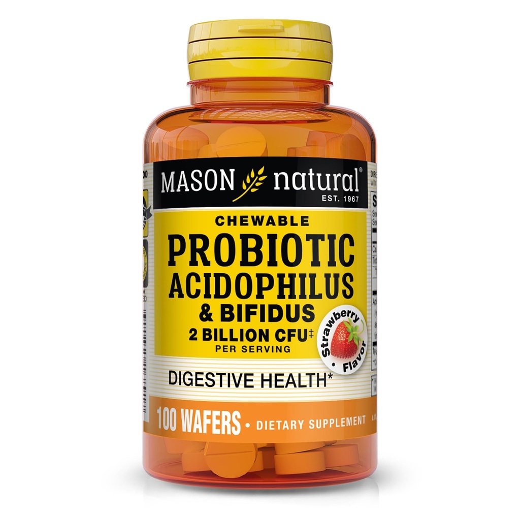 MASON NATUURLIJKE Probiotische Acidophilus met Bifidus, 50 dagen levering, Ondersteunt gezonde normale spijsvertering, aardbeien smaak, 100 Kauwbare Wafers
