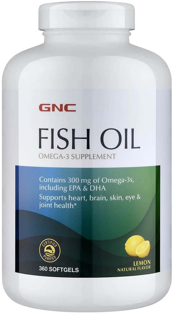 GNC Fish Oil Omega 3 Supplement, 300mg EPA en DHA, Citroen smaak, Ondersteunt hart, hersenen, huid, oog en Joint Health, 360 Softgels, 360 Servers