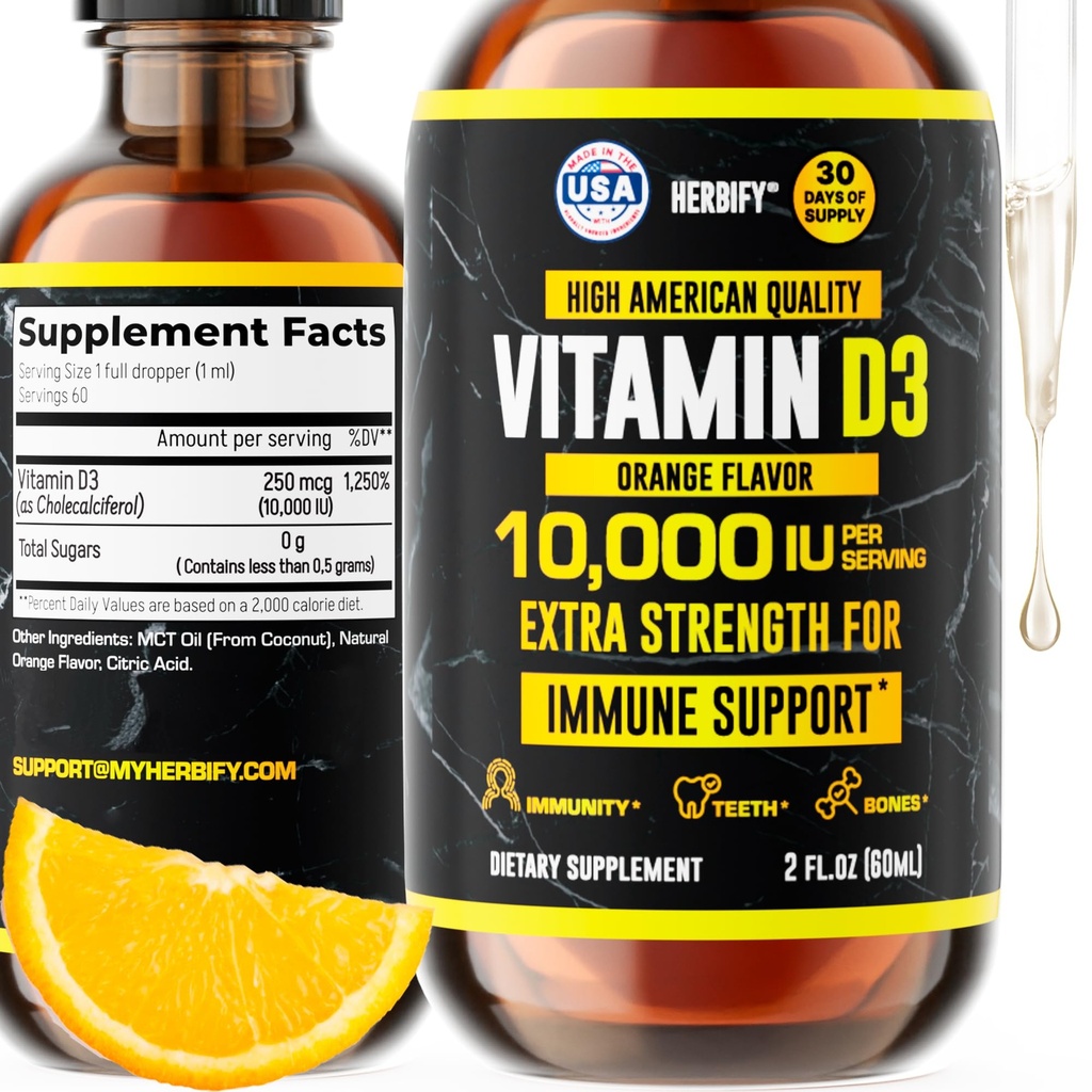 HERBIFY Vitamine D3 10000 IE - Made in USA Liquid Vitamin Drops - Bone Strength and Immune Support Supplement - Sunshine Replacement - D3 Vitamin Bone and Teeth Supplement - 2 Oz