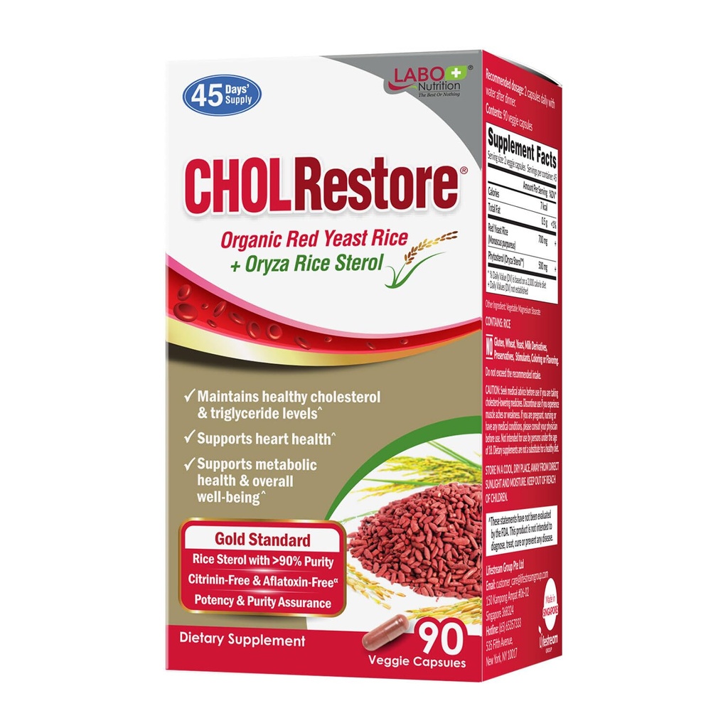 LABO Nutrition CHOLrestore Red Gist Rice met Phytosterol Health Supplement, ondersteunt gezonde Cholesterol niveaus, Citrinine, Aflatoxin & Soy Free, 90 Vegetarische Capsules
