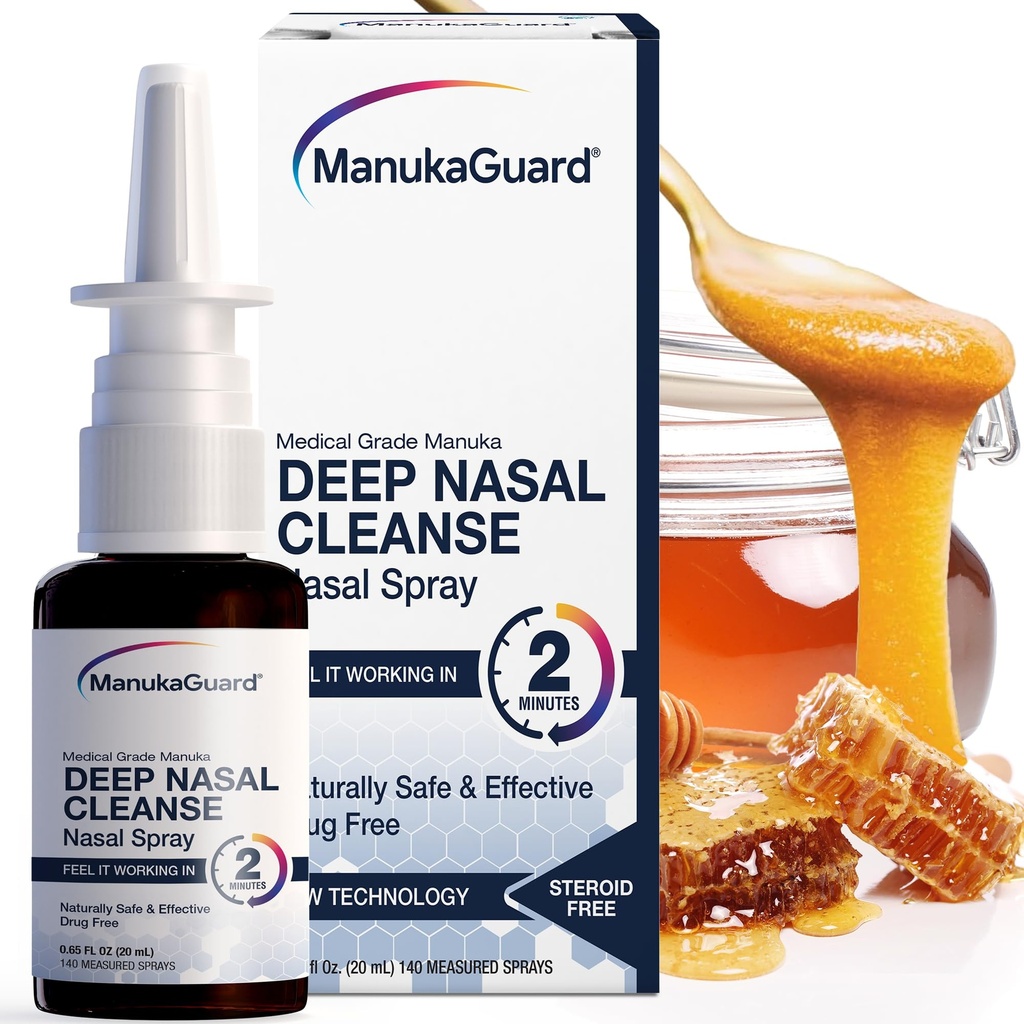 ManukaGuard Medical Grade Manuka Honey Natural Nasal Spray met Saline Solution for Congestion Support, Sinus and Allergie Relief, Nasal Moisturizing, Nieuw-Zeeland Honing, MGO 600, 0,65 fl oz Fles